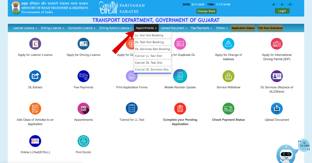 Sarathi Parivahan Slot Booking